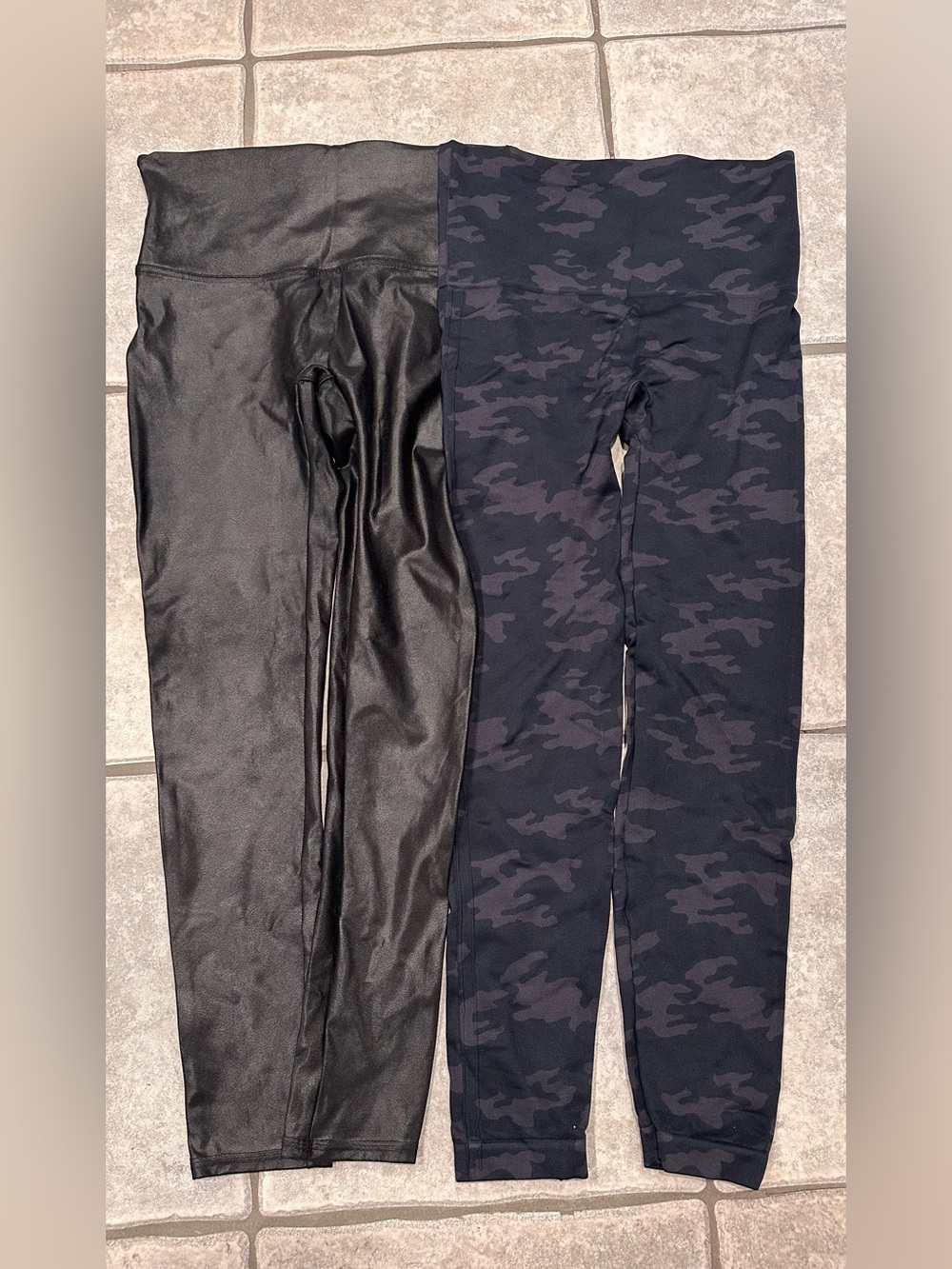 Spanx Black shiny and Black Camo Leggings - Set of 2